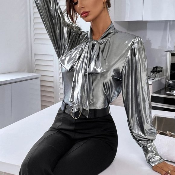 Silver Womens Tie Neck Bishop Sleeve Metallic Blouse - Picture 3 of 4